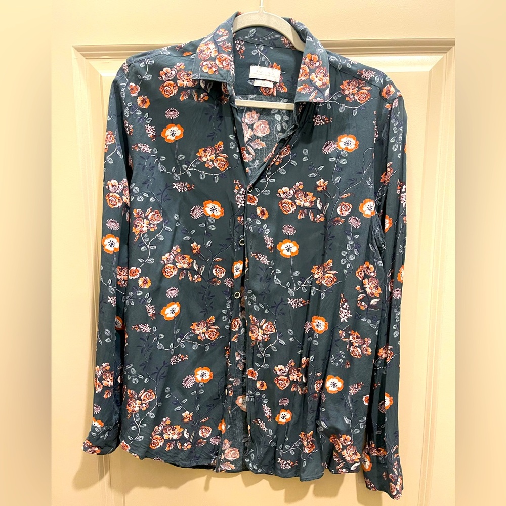 ZARA men’s blue/grey with pink floral print, Long Sleeve shirt
